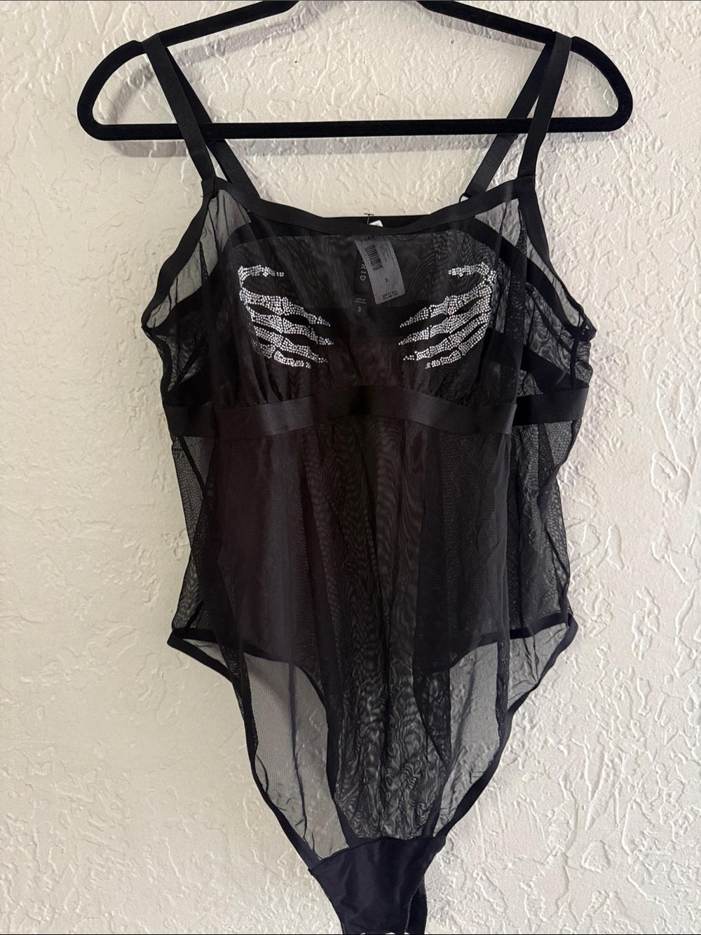 torrid Black Sheer Mesh Bodysuit with Silver Sequin Skeleton Accent